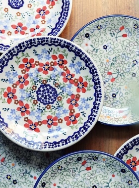 波兰进口手绘陶瓷日式小红花炒菜盘烤鱼盘饺子盘汤面碗馄饨碗MM01