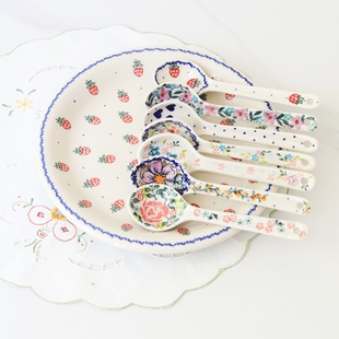 波兰进口手绘陶瓷18.4cm长把汤勺家用饭勺汤圆甜汤勺炒饭勺可壁挂