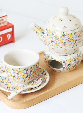 波兰进口手绘陶瓷黄粉小碎花饭碗早餐杯长方烤盘汤面碗炒菜盘C124