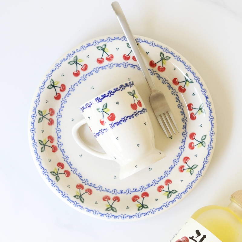 莫杂波兰进口手绘陶瓷樱桃咖啡杯水果零食碟汤盆早餐盘炒菜盘C129