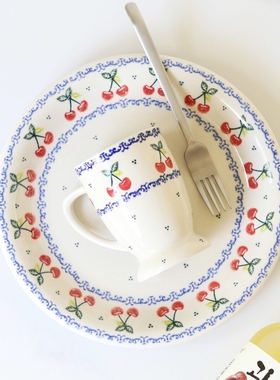 莫杂波兰进口手绘陶瓷樱桃咖啡杯水果零食碟汤盆早餐盘炒菜盘C129