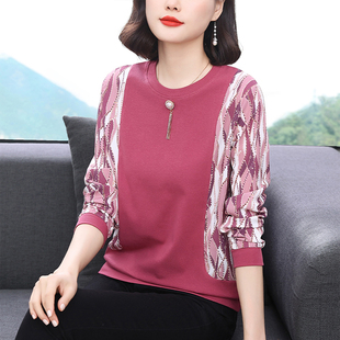中年妈妈装气质小衫2026春季新款宽松减龄纯棉长袖t恤女百搭上衣
