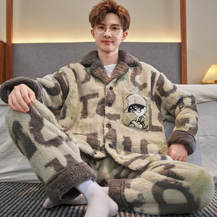 2025翻领法兰绒睡衣男冬季加厚加绒保暖秋冬款卡通冬天家居服套装