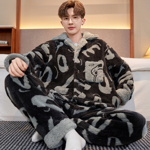 2025翻领法兰绒睡衣男冬季加厚加绒保暖秋冬款卡通冬天家居服套装