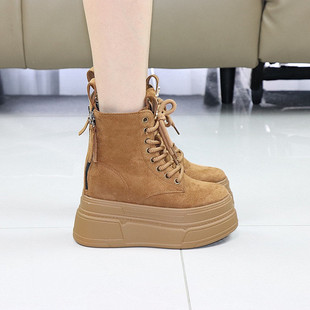 小个子内增高12CM厚底马丁靴女秋冬新款 加绒保暖10cm松糕底短筒靴