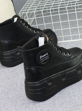 10cm隐形内增高女鞋2023秋冬新款显瘦黑色高帮鞋厚底8cm休闲板鞋