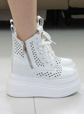 白色镂空内增高12CM高帮鞋女夏季薄款透气小个子10cm时尚休闲凉鞋
