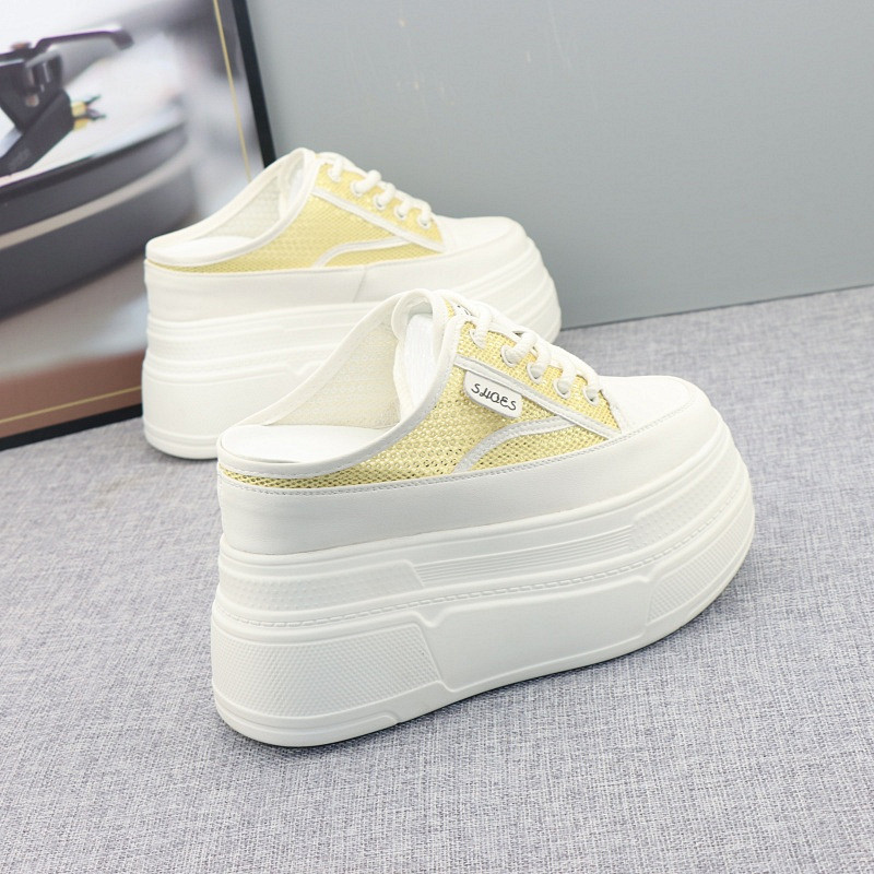 亮片包头半拖鞋女夏季新款内增高12CM厚底网面透气一脚蹬懒人半托