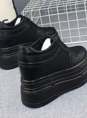 12公分内增高女鞋春季新款小个子10CM黑色网面透气厚底休闲松糕鞋