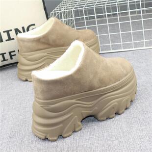 增高12CM复古厚底勃肯鞋女秋冬外穿加绒包头半拖鞋一脚蹬懒人棉拖