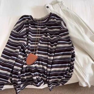 美式复古撞色条纹圆领打底衫T恤女秋季宽松休闲内搭外穿长袖上衣