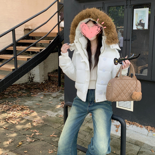 冬季保暖卡其色毛领连帽短款羽绒棉服女2025新款宽松加厚棉衣外套