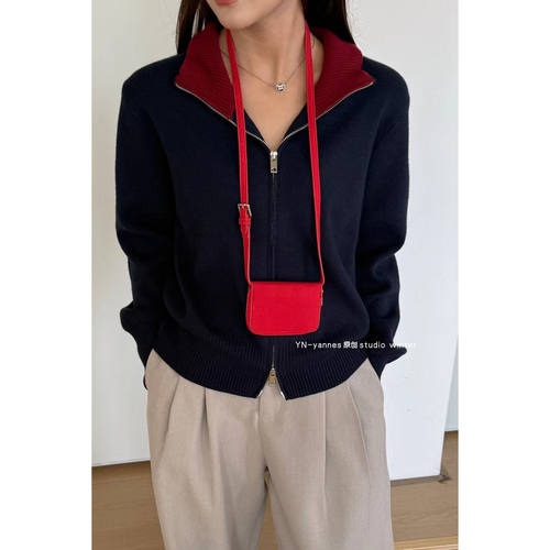 撞色拼接立领双拉链长袖针织开衫