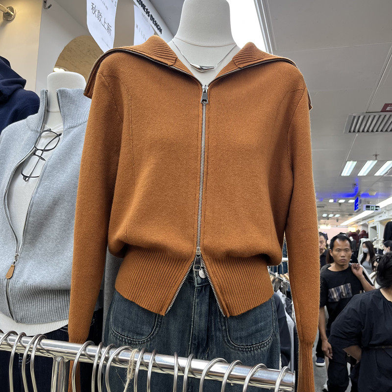 海军领双拉链加厚毛衣开衫女秋冬宽松显瘦百搭洋气短款毛针织外套