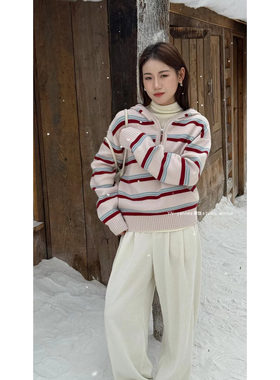 YN-yannes韩系冬新款甜美少女慵懒风半拉链连帽百搭宽松条纹毛衣