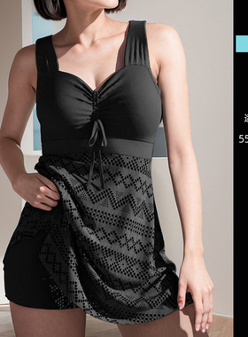 欧美ins风黑色大码胖mm遮肚子分体泳衣女生显瘦平角裙式温泉泳装