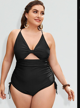 欧美2025镂空性感大码胖mm大胸连体泳衣抽绳系带保守遮肚温泉泳装