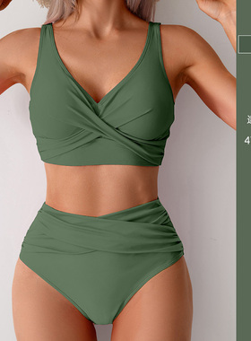 欧美ins度假风大码分体泳衣女2025新款性感高腰遮肚比基尼泡温泉