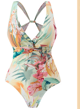 欧美时尚泳衣大码胖mm深V三角露背性感显瘦连体两件套温泉高级感