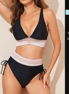 欧美大码微胖mm性感比基尼套装系带纯欲分体泳衣女海边度假两件套