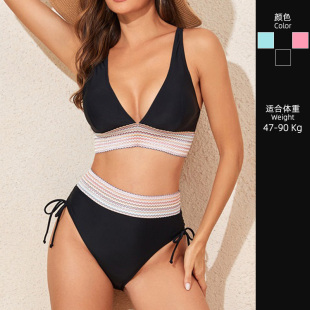 欧美大码 系带纯欲分体泳衣女海边度假两件套 微胖mm性感比基尼套装