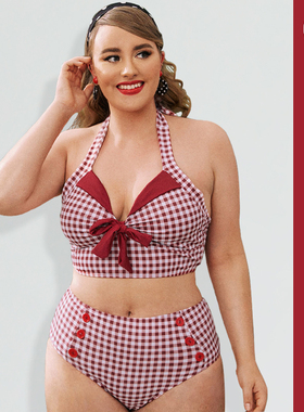 2025欧美红格ins性感比基尼大码胖mm高腰遮肚显瘦分体泳衣bikini