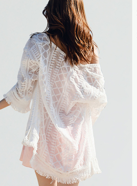 泳衣外套罩衫比基尼防晒外搭网纱单件显瘦中长款长袖性感温泉纱白