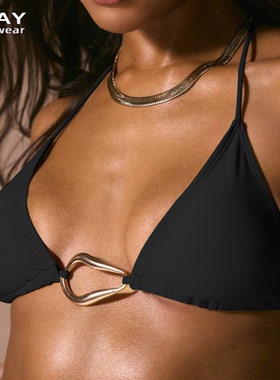 欧美大码女式挂脖三点式比基尼上衣三角单件带胸垫大胸分体泳衣黑