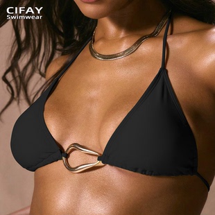 比基尼上衣三角单件带胸垫大胸分体泳衣黑 挂脖三点式 欧美大码 女式