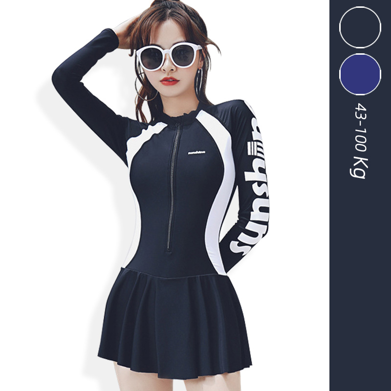 连体泳衣长袖大码胖mm平角裤裙式