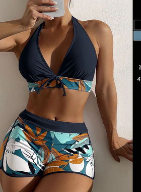 性感V领大码泳衣胖mm遮肉分体微胖女孩平角裤遮肚比基尼大胸聚拢