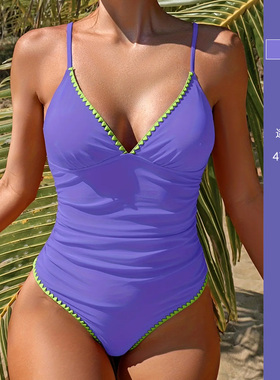 欧美外贸大码游泳衣女款成人辣妹性感V领保守遮肉连体泳装泡温泉