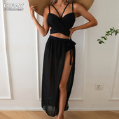 欧美大码 微胖MM性感比基尼三件套200斤度假风聚拢遮肚泡温泉泳衣