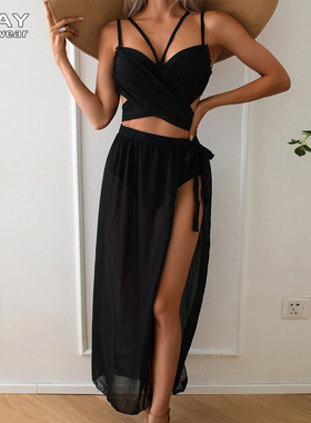 欧美大码微胖MM性感比基尼三件套200斤度假风聚拢遮肚泡温泉泳衣