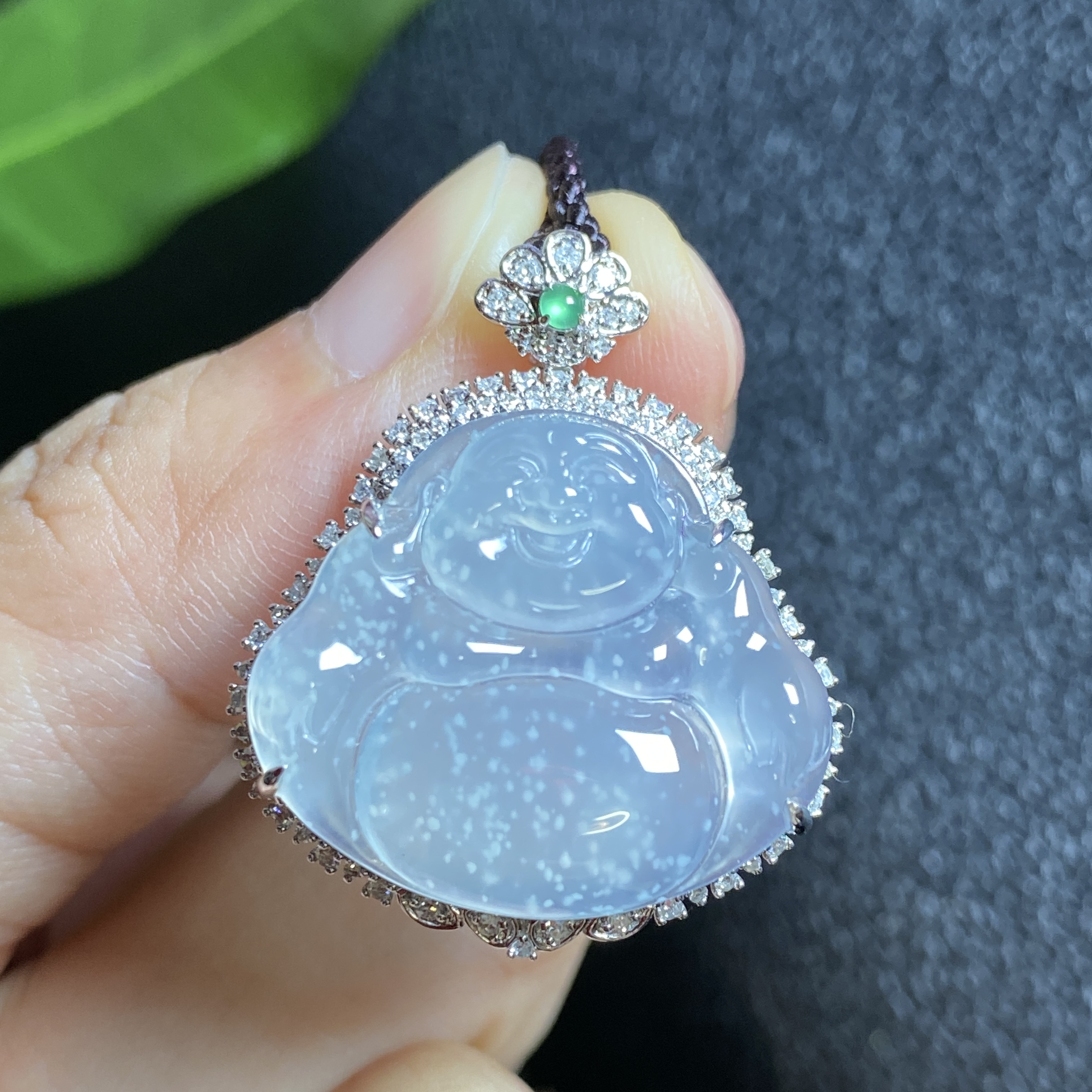 掌中翠天然翡翠高冰种木纳雪花棉笑脸佛18k金镶钻玉石吊坠 0280
