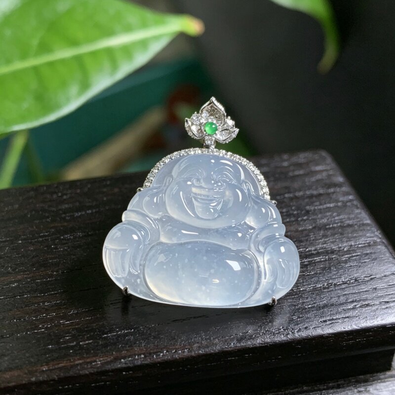 掌中翠天然翡翠高冰种木纳雪花棉18k金镶嵌一刀切笑脸佛 0277