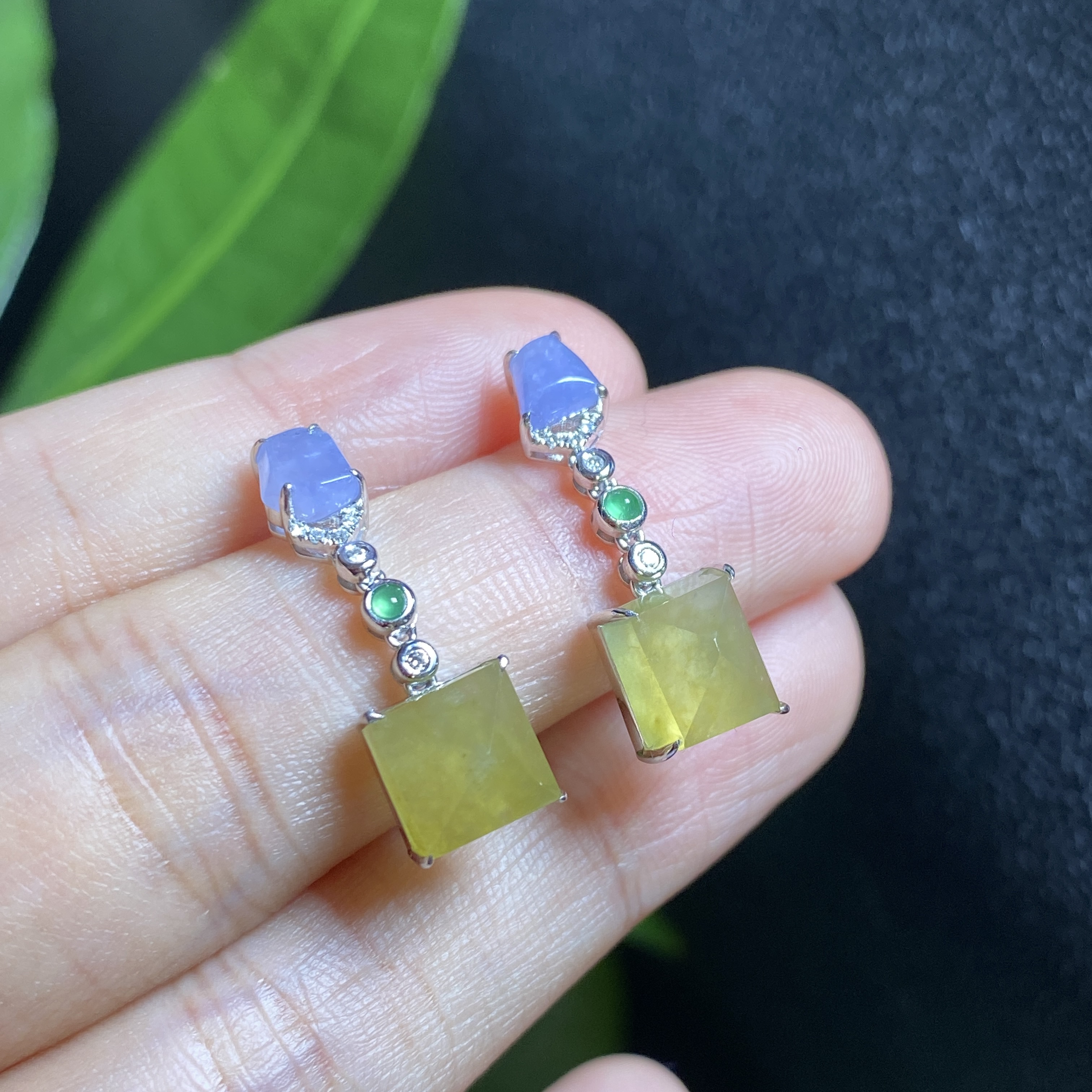 缅甸天然翡翠A货冰种紫罗兰黄翡双彩随形特色耳环18K金 0131