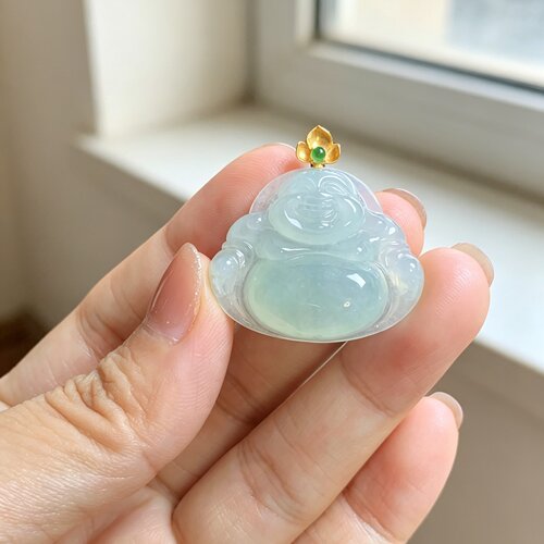 缅甸A货冰种翡翠18K金钻笑佛
