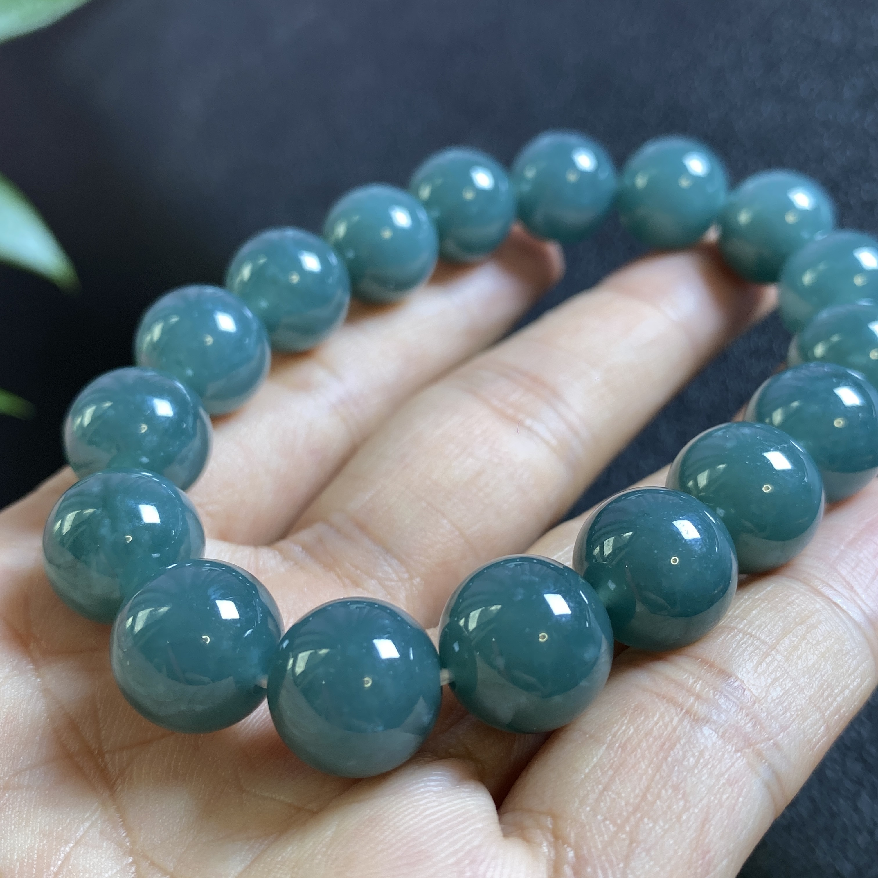 掌中翠天然翡翠A货冰糯种老蓝水圆珠手链手串 11.8mm  0134