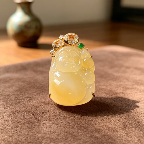 掌中翠A货冰种黄布袋佛翡翠吊坠