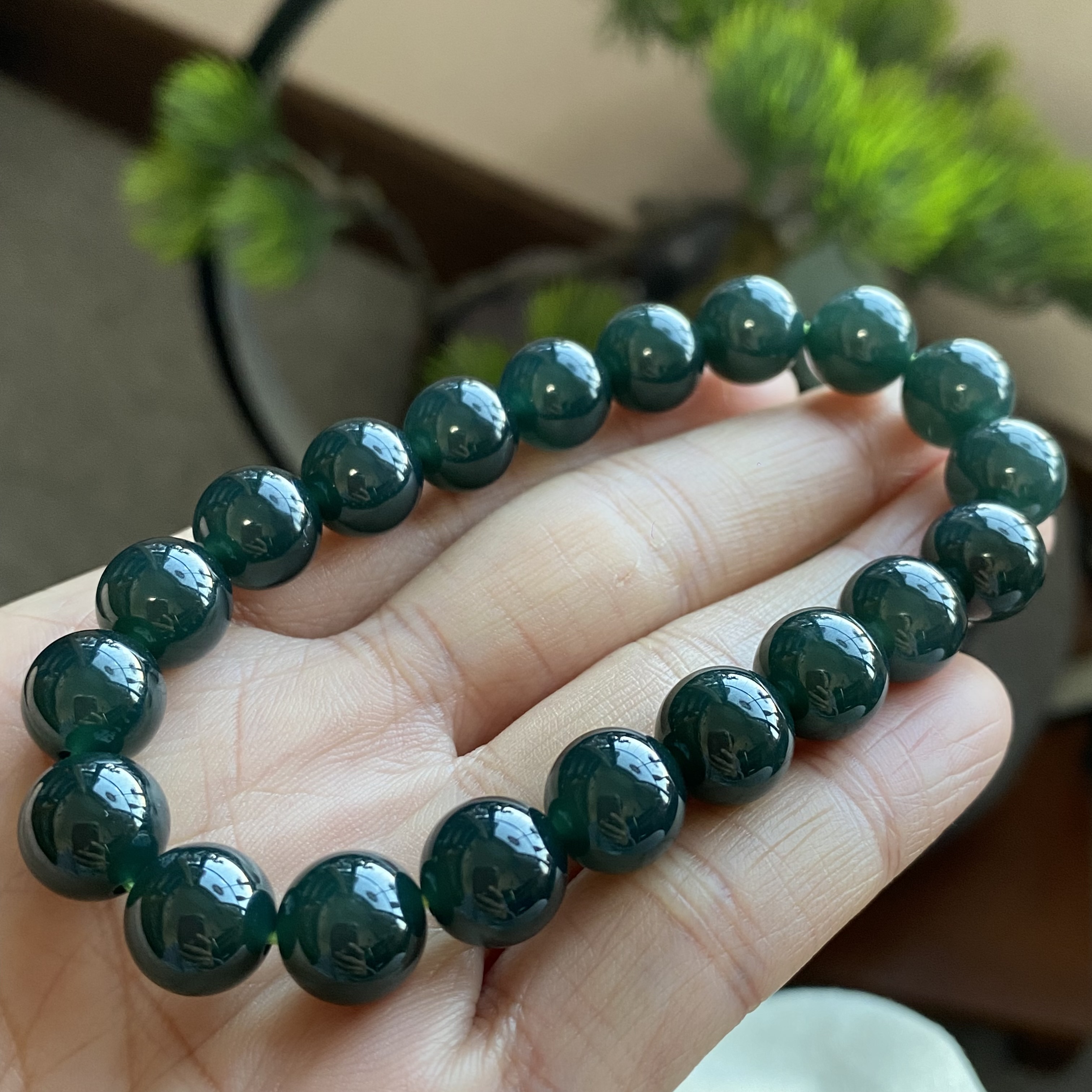 掌中翠天然翡翠A货冰种深色老蓝水圆珠手链手串 10mmp