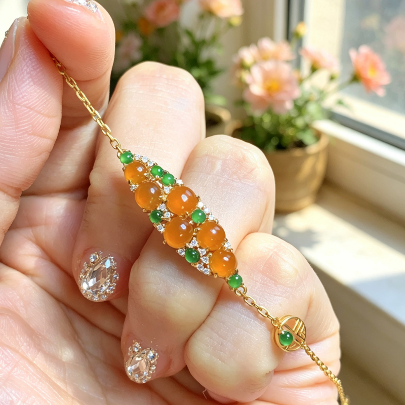 掌中翠缅甸天然翡翠A货冰种橘黄翡蛋面手链18K金镶嵌 6066