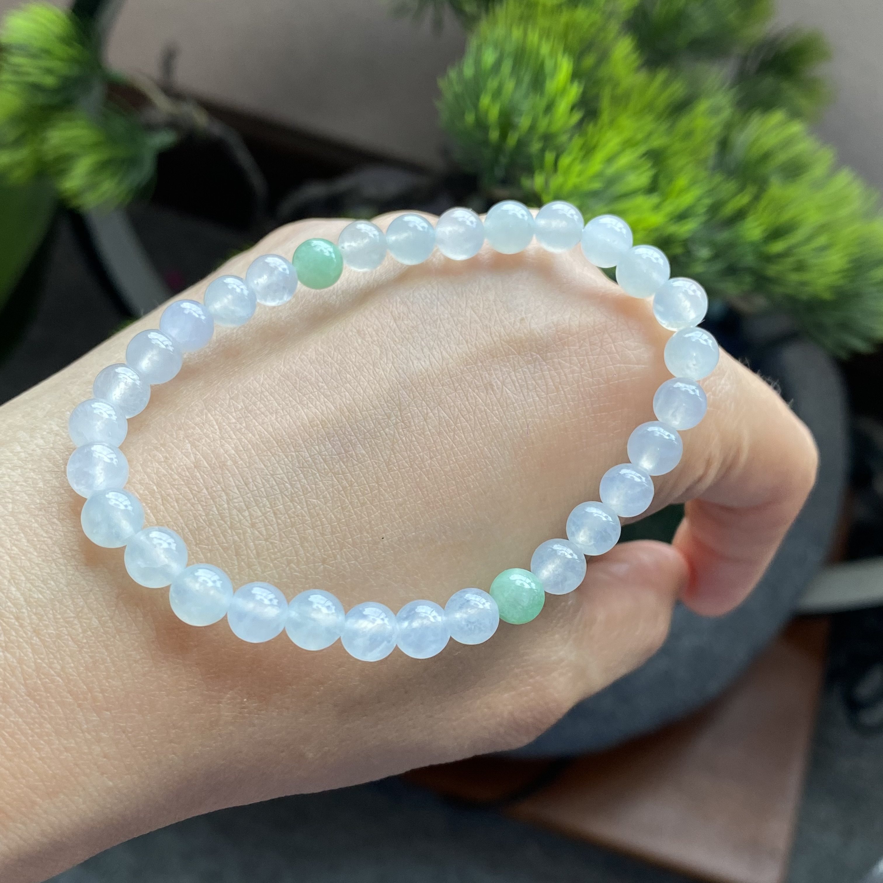 掌中翠缅甸天然翡翠A货冰种起胶纯白圆珠手链手串 6mm 0031