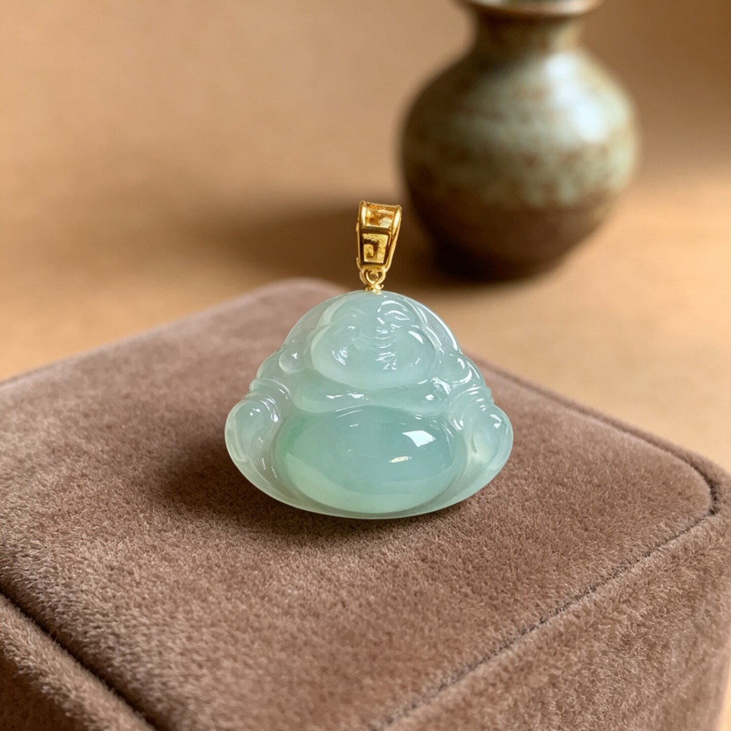 掌中翠缅甸天然翡翠冰种浅绿饱满小佛18k金镶嵌弥勒佛公吊坠 0920