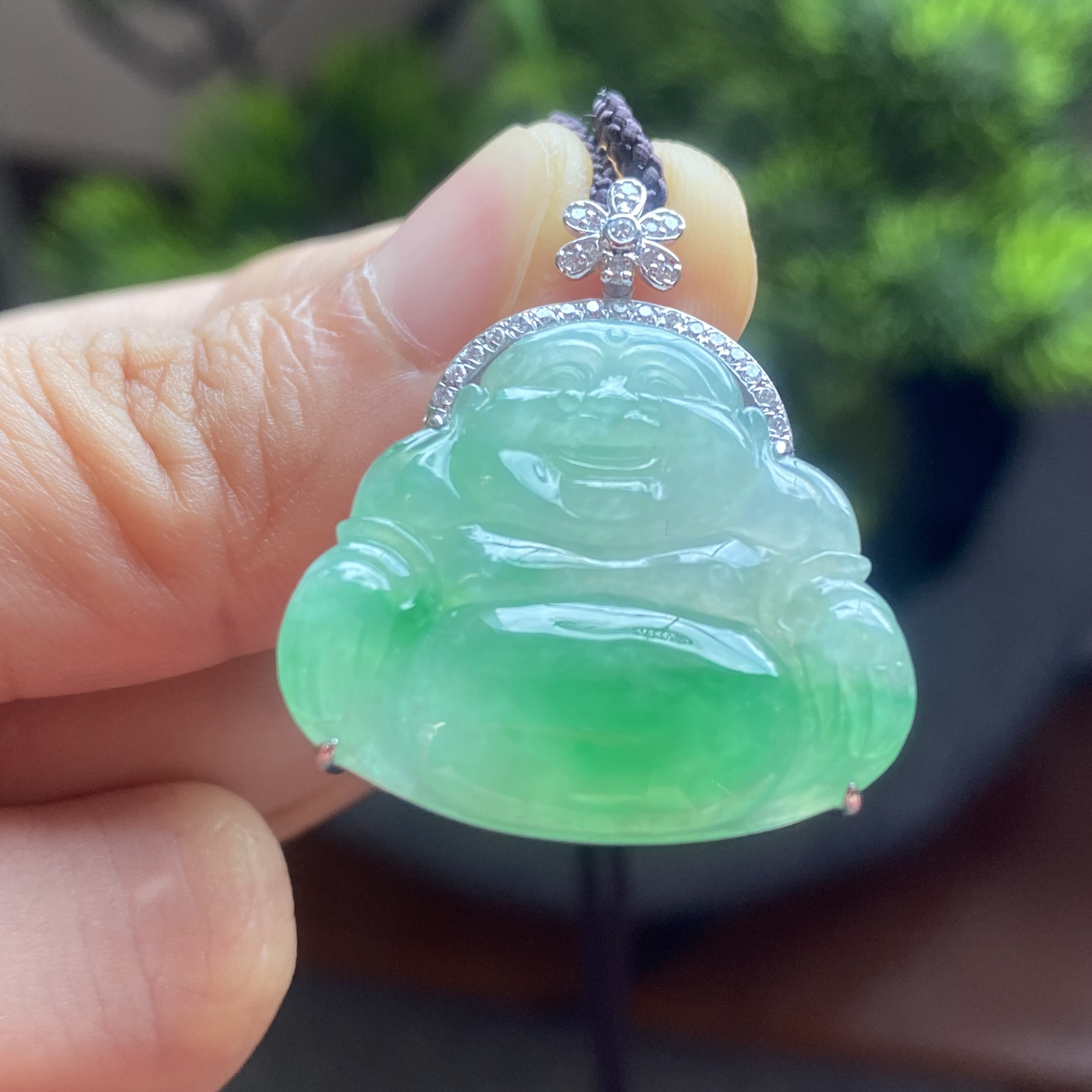 掌中翠天然翡翠冰种阳绿佛18k金镶嵌女款精品吊坠 0073