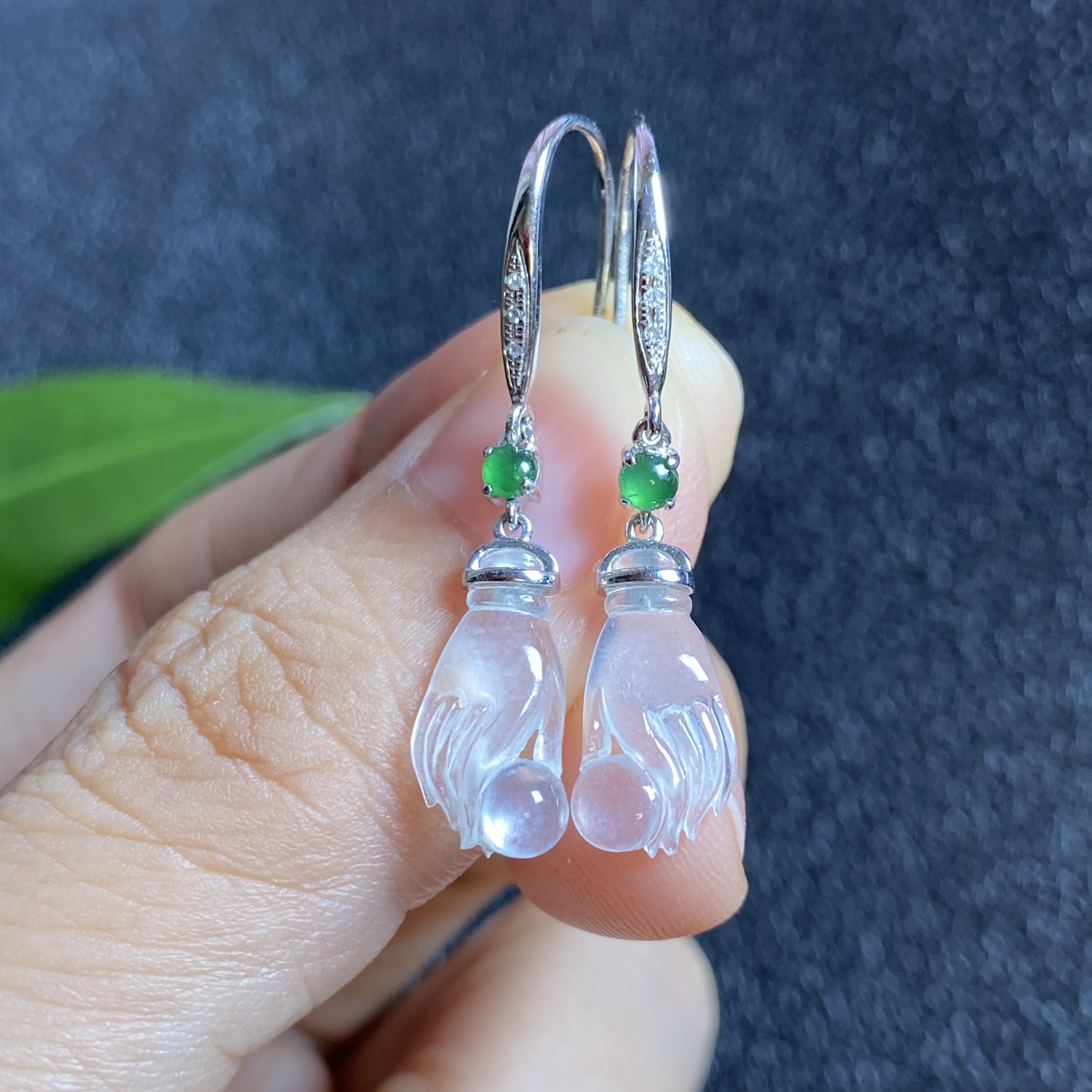 掌中翠缅甸天然翡翠A货高冰种起胶佛手耳坠18K金女款耳饰 0163