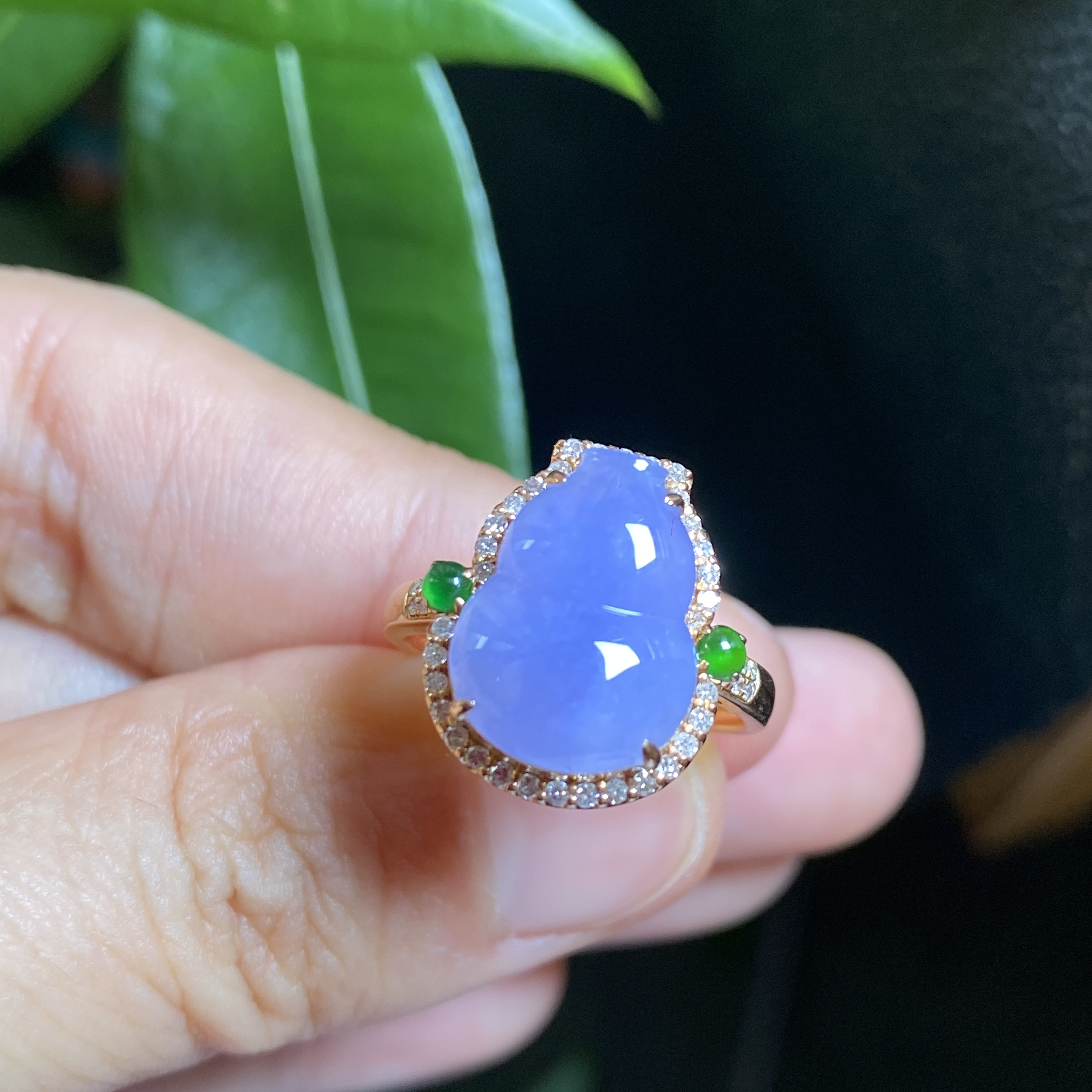 天然翡翠冰种紫罗兰葫芦戒面18k金镶嵌女款玉紫色戒指 0102