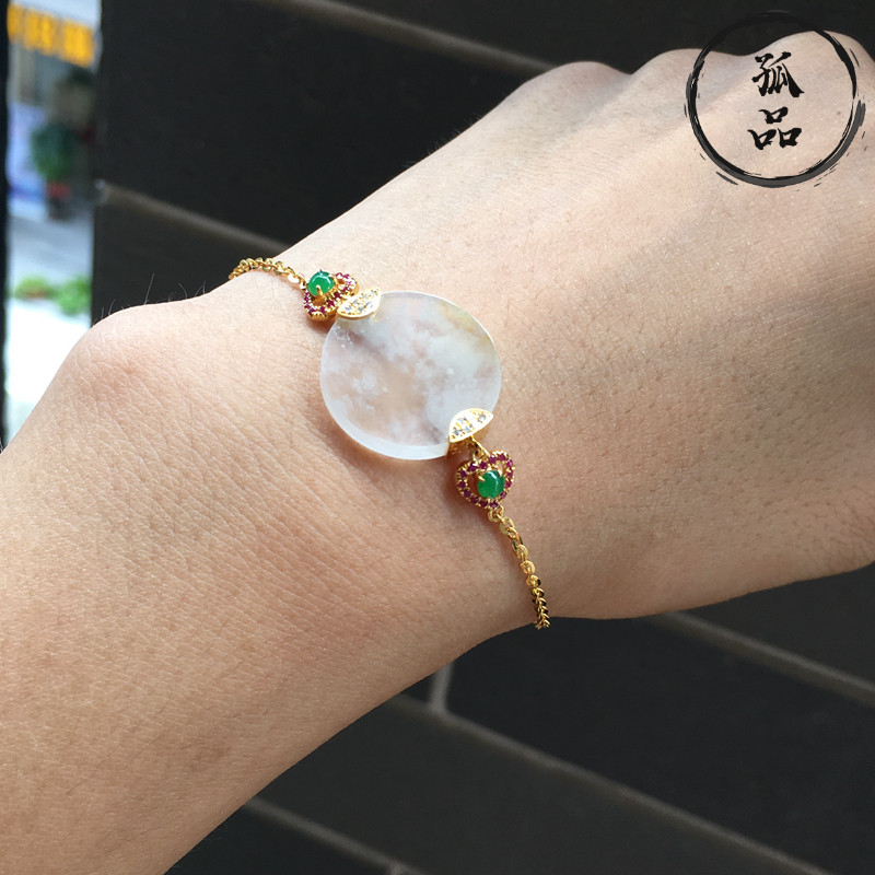 天然冰种翡翠a货玉石雪花棉平安圆扣手牌18k金镶嵌女款玉手链0327