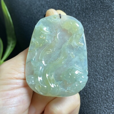 缅甸天然黄冰种浅黄翡鱼跃龙门翡翠A货玉吊坠挂件 2967