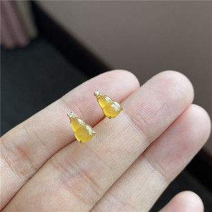 耳饰0025多 掌中翠翡翠A货冰种鸡蛋黄小葫芦耳钉18K金女款